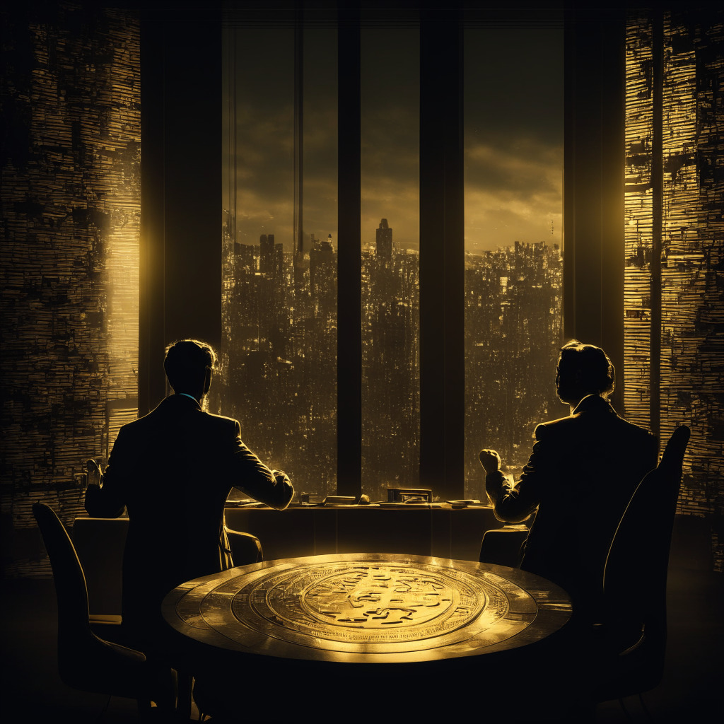 A symbolic representation of the contrast between traditional finance and cryptocurrency, displayed through an old-world investor, represented as an antique gold coin, in discussion with a youthful, futuristic hologram representing digital assets. The setting is a dimly lit boardroom, evoking a somber, intense, yet hopeful mood, with silhouettes of skyscrapers outside the window to signify financial institutions. The boardroom table is littered with traditional assets like bonds and metals, contrasted with digital screens displaying cryptos and digital blocks. Apply a tech-noir artistic style to emphasize the clash and convergence of tradition and innovation.