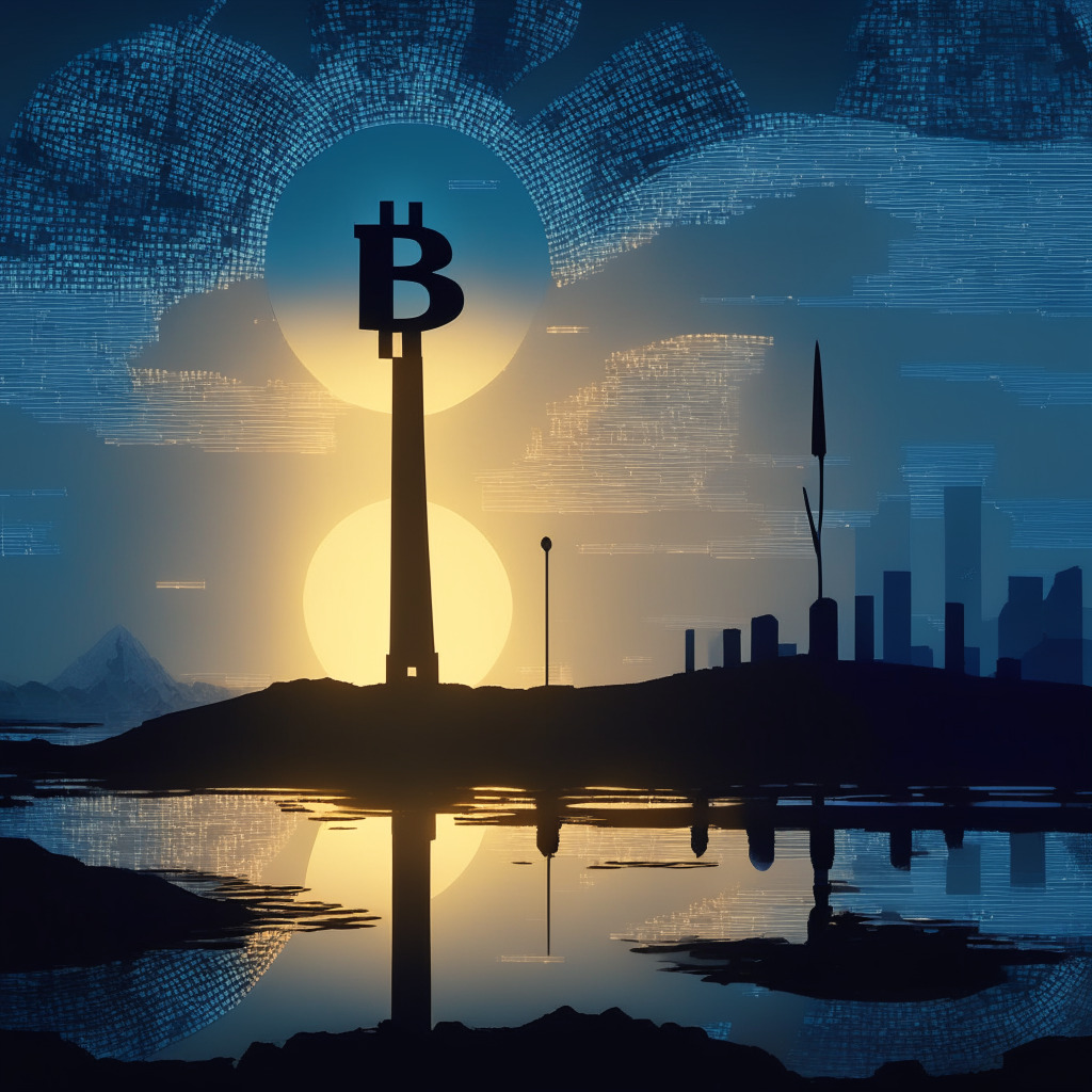 A digital landscape at dusk, showing Hedera Hashgraph's symbol elevated high as a glowing beacon against the quiet silhouettes of Bitcoin and Ethereum symbols. Below, shadows hint at legal drama with the silhouette of a gavel. In the distance, an abstract representation of the Federal Reserve, under a sky subtly imprinted with a hashgraph pattern. Overall mood: hopeful anticipation.