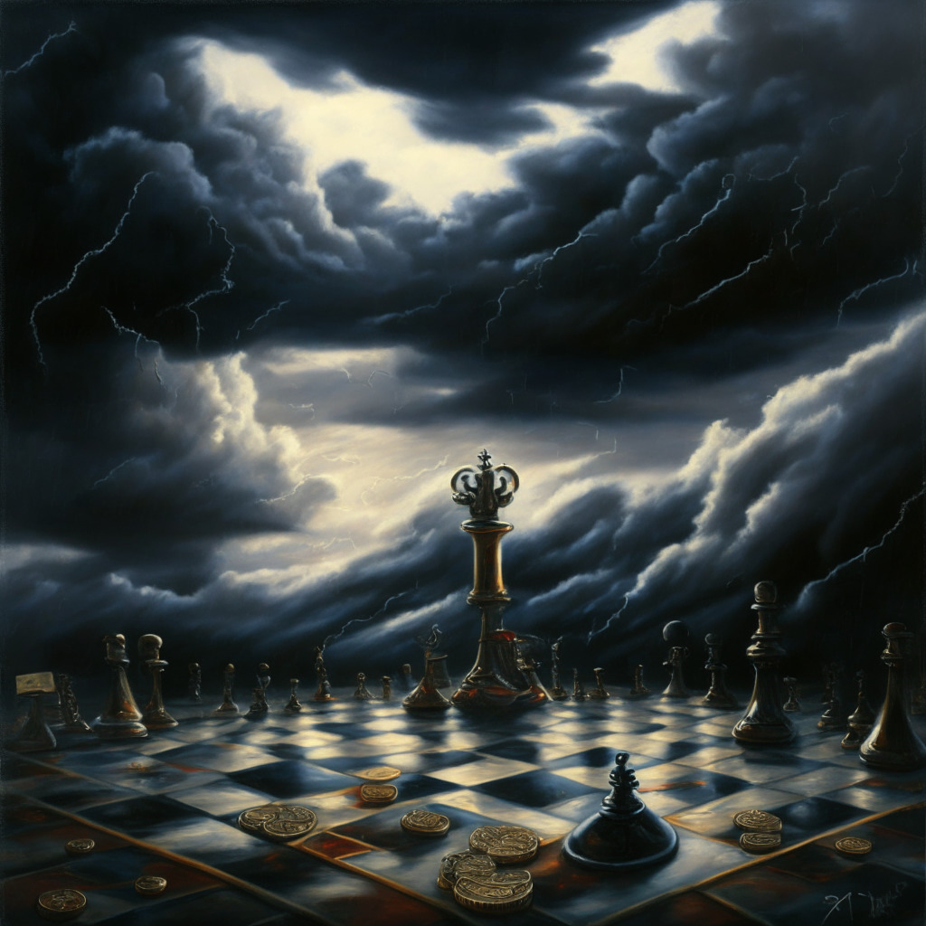 Detailed oil painting showing a political battlefield, focusing on symbolic elements such as a stormy sky implying shifting political winds, a chessboard with crypto coins and SEC seal, suggesting a high stakes game. The scene is cast in a dramatic, moody afternoon lighting for intensifying the sense of uncertainty over the future of crypto regulation.