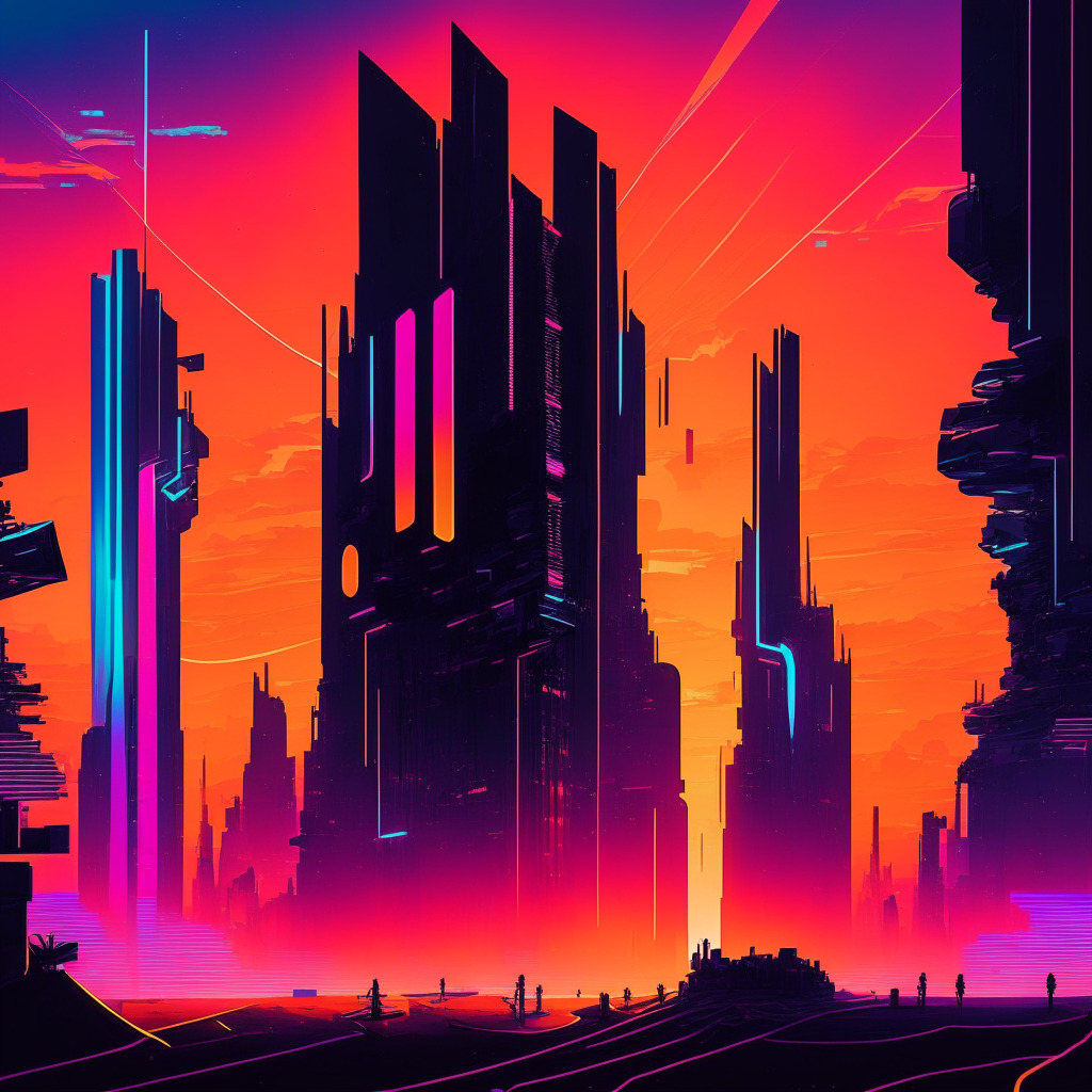 A vibrant, cyberspace landscape as the sun sets, casting long, mysterious shadows. Neon futuristic buildings embody Ethereum's ecosystem. Minuscule silhouettes of game developers collaborate, creating innovative titles. A dynamic, electrifying force embraces them, representing zkEVM's influence. Sporadic glitches hint at potential data inefficiency, marrying cautious optimism with stirring excitement.