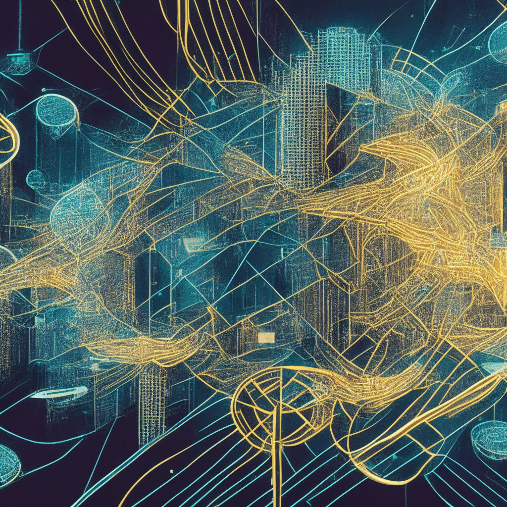 Conceptual representation of Singaporean Central Bank's Stablecoin Regulations, drenched in a futuristic style. An abstract digital canvas filled with complex blockchain infrastructures, gleaming metallic stablecoins, woven with luminescent threads of various transfer cables, caught in the act of swift transactions. Central hub, depicted as the MAS, should hang over the scene, supervising the orderly processing of transfers with a stern, resolute gaze. Faint backdrop of regulatory networks evolving across a globe signaling a changing future. The mood should be dynamic yet cautious, a balance between innovation and regulation, lit by the stark cyberspace light dotting the fluid technological landscape.