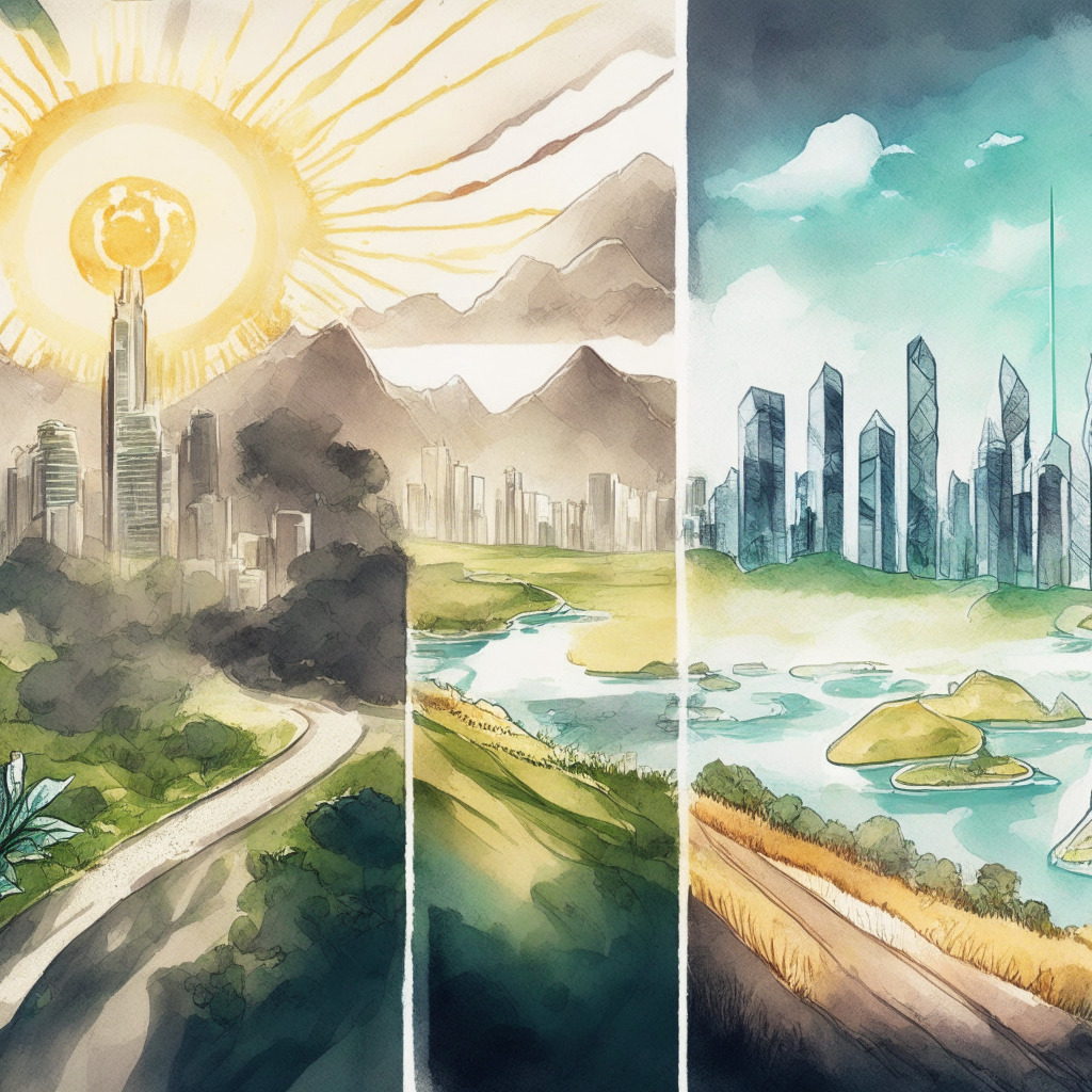 A tale of two financial paths in Blockchain universe: New Zealand showcasing a measured, slow-and-steady march toward cryptocurrency regulations and Singapore taking a bold, proactive approach towards stablecoins. Image in watercolor style, split to show the contrast: Left shows New Zealand's peaceful landscapes, sunlight gently illuminating the rolling hills, representing a calm progression. Right shows Singapore’s skyscrapers, alight with the buzz of activity under a vibrant neon sky. Dark hues on both sides signifying the crypto conundrum. On the bottom, a giant tortoise and a hare locking eyes, symbolizing their contrasting approaches towards regulation.