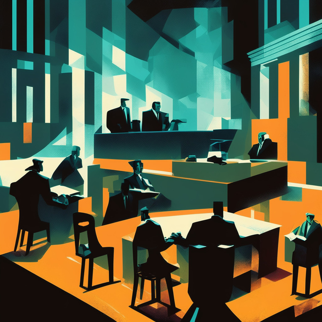 Dimlit courtroom scene capturing the intensity of a legal battle, Singaporean landscape to reflect the narrative centered in Singapore. A spectral representation of a bankrupt blockchain hedge fund and an investment firm, portrayed in an aesthetic of 20th-century cubism. Emotive imagery of key players in an intense discussion, reflecting high stakes & anticipation. Synonyms of blockchain technology & non-fungible tokens subtly embedded, reflecting a fusion of law and cryptotechnology. Overall mood of the image to be tense yet hopeful.
