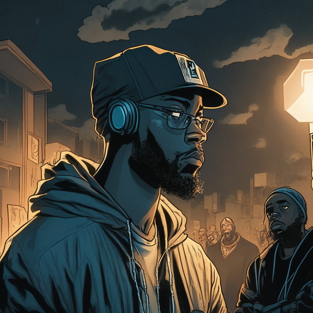 American rapper and podcaster in thought-provoking discussion, evening atmospheric light, noir comic book style. Mood of skepticism, concern over potential government control via digital currency. Hints of societal implications, opaque expression of the citizens in background, subtly endorse cryptocurrencies.
