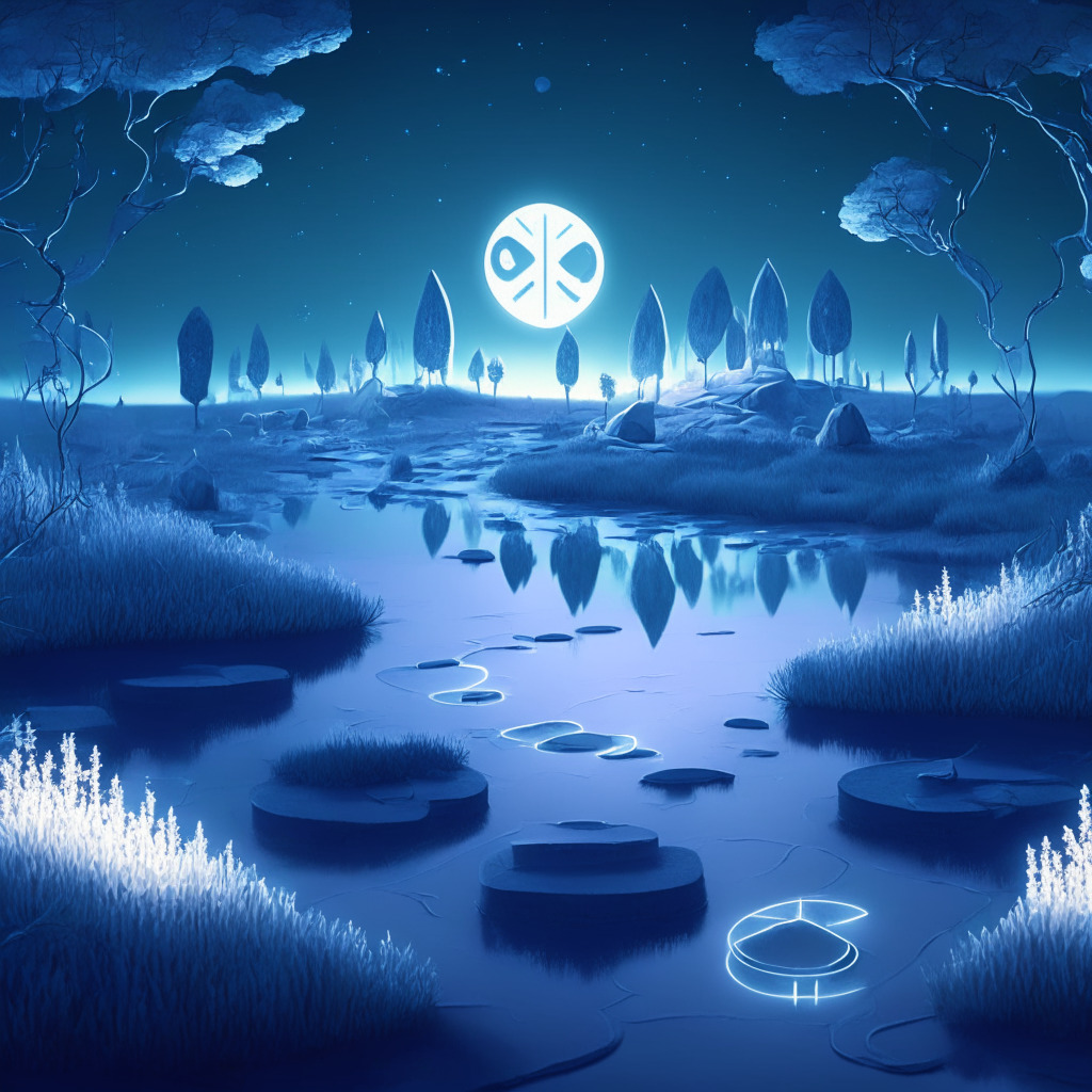 A serene landscape of digital assets in an ethereal, moonlit setting. In the centre, a series of vivid, radiant, ethereal tokens floating in mid-air, indicating NFTs. A smooth, gently curvilinear pathway, symbolising Ethereum gas consumption, declines into the distance, calming, blue-toned aesthetic. The scene represents the maturity and evolution of the NFT market in a thought-provoking, tranquil mood.