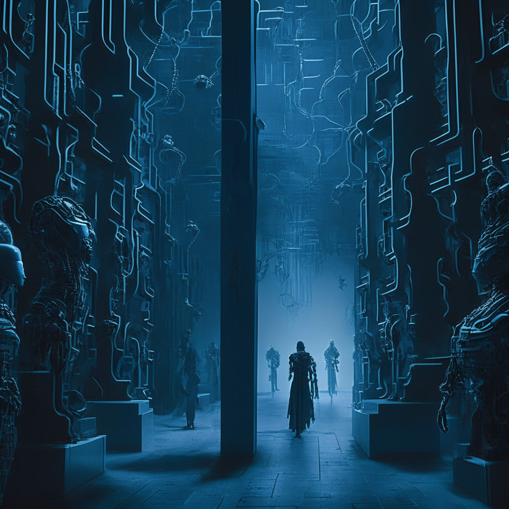 Dystopian setting, showing busy cybernetic entities, entwined within a high-tech labyrinth, resembling Telegram crypto bots. A blend of moody blues and silvers to convey a futuristic, cold atmosphere, mixed with the warmth of copper to hint at the allure of wealth. Shadows play on the artificially intelligent figures, creating mystery and signifying potential security threats.