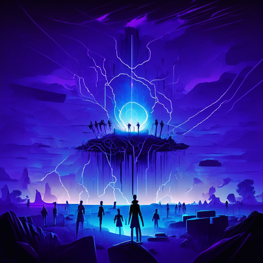 Visualize an abstract digital landscape at dusk, with vibrant deep blues and purples setting a contemplative mood. In the foreground, a dynamic, Tesla coil-like entity signifying the Friend.tech app, glowing with invites reflected in orb-like shares. In the middle ground, a crowded assembly of diverse humanoid figures, perceivable as crypto enthusiasts and critics, observe the spectacle with mixed reactions. In the background, a giant clock, hinting at the uncertainty and passage of time under a stormy sky, echoing the conflicted reviews and imminent challenges for the platform.