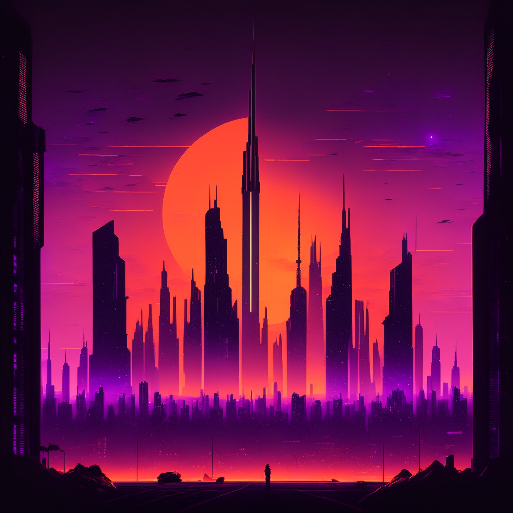 A futuristic cityscape at dusk, sweeping skyscrapers touch the orange-purple twilight sky. A subtle path of virtual crypto coins leads from a glowing social media logo to the silhouette of a rocket. The mood is of anticipation, change on the horizon. Executed in the cyberpunk artistic style.