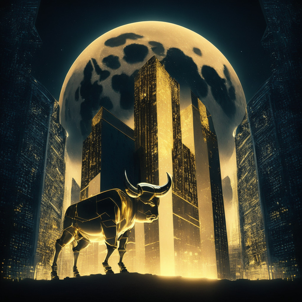 A digital cityscape glowing under a soft moonlight: buildings are gigantic, imposing, constructed from shimmering glass and metal, encapsulating Solana's powerful momentum. In the foreground, a golden bull replicating Solana's symbol strides powerfully, symbolising its bullish run. Dominating the center, two paths diverge: one that plunges down steps leading to a dark abyss; the other ascends towards a radiant, glowing peak representing possible future highs. Touches of subtle fog add mystery for the uncertain regulatory future. The painting style is reminiscent of surrealism, blending reality and imaginary details, mirroring cryptocurrency unpredictability, the mood is one of excitement, tension, and a hint of danger.