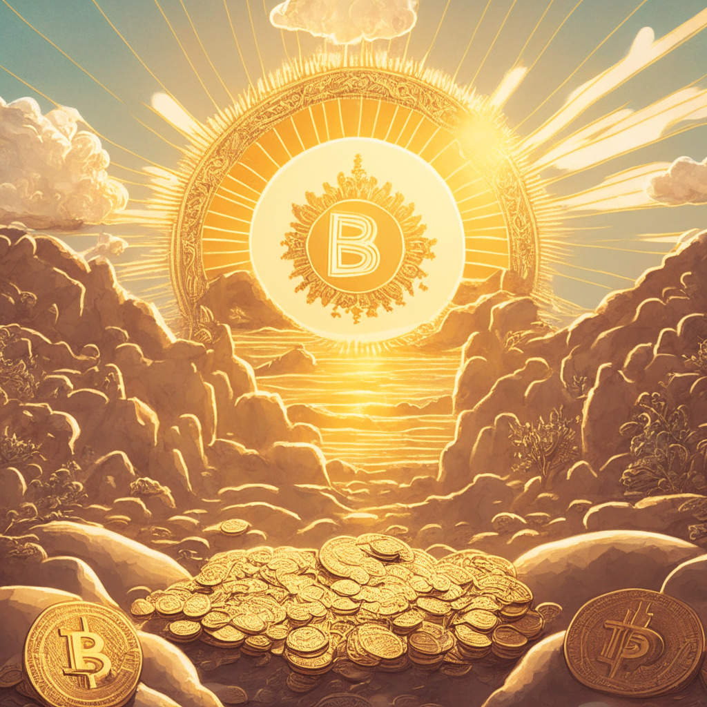 Detailed illustration of a rising sun representing Solana's growth in the cryptocurrency market, depicted over a landscape of coins, indicative of other cryptocurrencies. The sun, glowing warmly in a baroque style, imbues the scene with a sense of optimism. Scene is bathed in the soft morning light, suggestive of the early stage of a rally. Atmosphere conveys a mood of intrigue and anticipation.