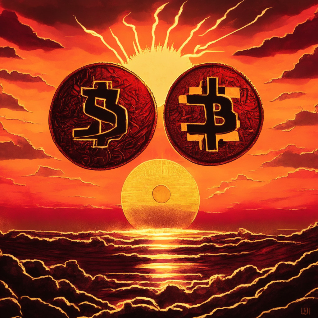 A dramatic financial tug-of-war sunset scene, deep crimson and gold hues, illuminating a pivotal crypto market moment. On one side, a declining Solana coin, symbolizing its recent downfall with somber mood, deep shadows. On the other, an ascending coin designated LPX, representing Launchpad.xyz, wrapped in radiant glow and optimism, showing its promising rise. In the center, an abstract Bitcoin token, hinting at its new partnership with Solana. Overhead, a cloud of uncertainty, stylized as regulatory papers hinting SEC actions.