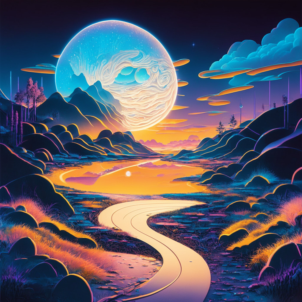 A vibrant digital landscape under an opalescent sky, bathed in the cool light of a crypto moon. Impressed upon this ethereal tableau is a sleek, fast-moving character symbolizing the Sonik Coin. Its bright aura trails behind, reflecting the surging pace of its journey. Deftly placed next to it, graphics and art, imbued with a sense of degen humor, add to the milieu. Coins scattered around reflect the lucrative prospect of passive income. Yet, a dice next to the trail connotes the risks inherent in such investments. The overall mood of the image is a blend of exhilarating optimism and cautious speculation.