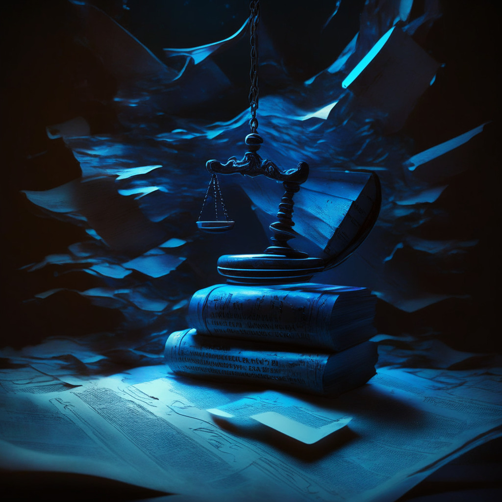 A gavel sits atop a sheaf of legal documents, washed in a soft, ominous light. Background immersed in deep, shadowy blues, reflecting uncertainty and anxiety in the cryptosphere. Virtual shapes of NFT art pieces suspended in ethereal glow, representative of a tumbling market. Striking, surreal stylization to express the controversy and turmoil.