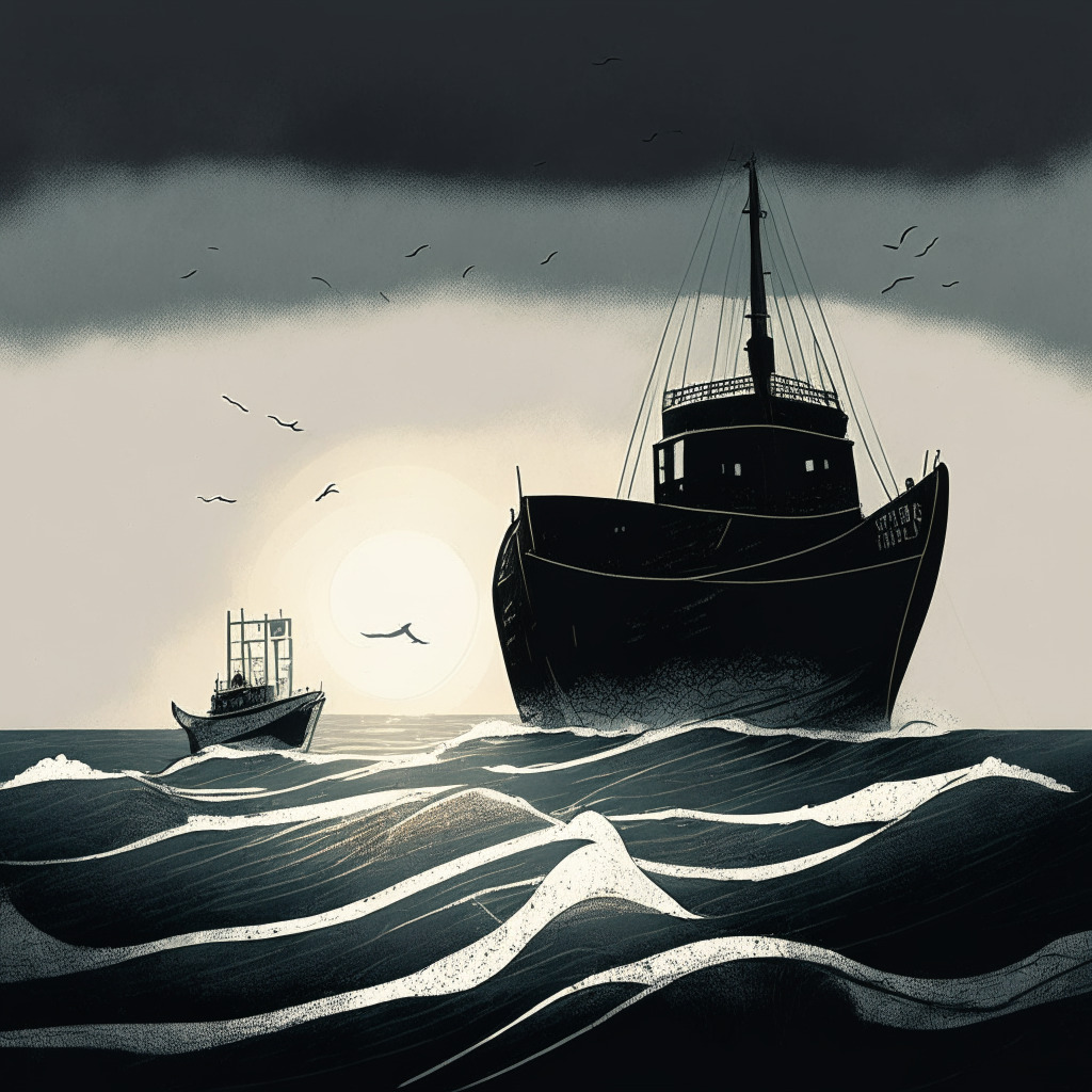 Dark, chiaroscuro styled illustration near collision of two symbolic boats on a foggy ocean: modern, sleek motorboat labelled 'Crypto Regulation', old-fashioned fishing boat, 'Parliamentary Ethics'. In the distance, promising sunrise, represents South Korea's future in crypto regulation. Overall mood: uncertainty with a tint of hope.