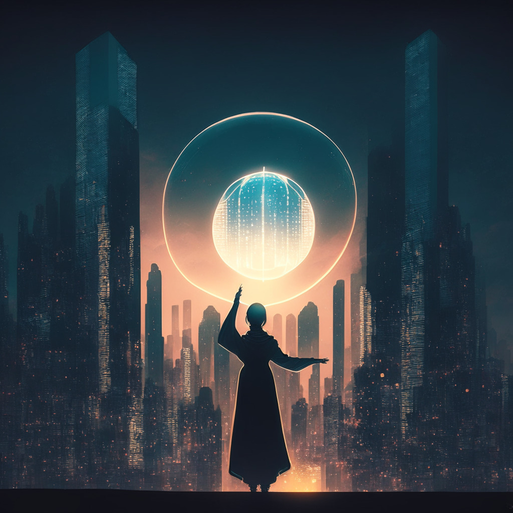 A futuristic South Korean cityscape at twilight, a figure symbolizing Naver Corp amidst gleaming skyscrapers. It is wielding an orb of light, representing CLOVA X, illuminating details of Korean culture, language, and AI analytics, imbuing the scene with an air of innovation. Contrasting shadows speak to ethical questions, casting an atmosphere of thoughtful suspense.
