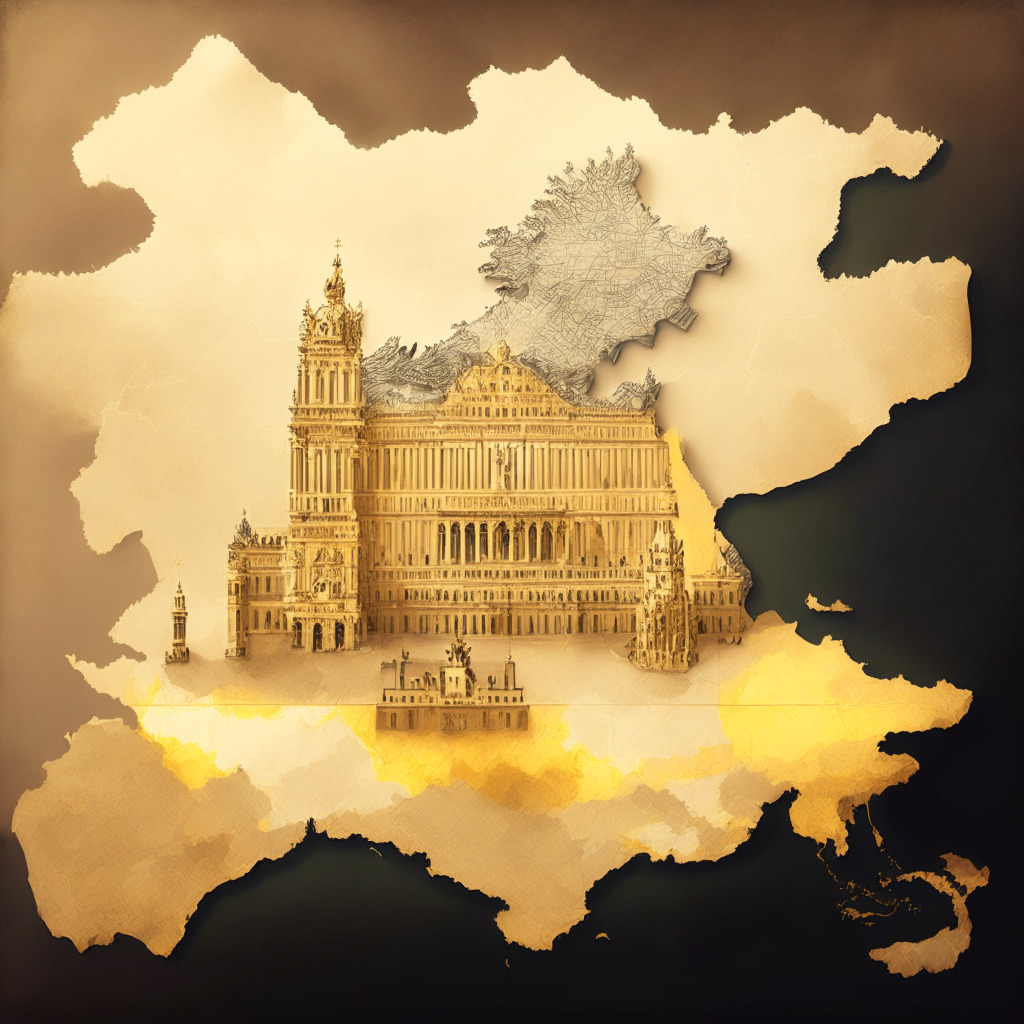 An intricate digital painting of a hyper-realistic map of Europe with Spain highlighted, under a shady, overcast sky. Signifying Spain's role in AI regulation, depict a large, golden, architecturally grand building symbolizing AESIA, radiating a soft, ethereal glow. Include a delicately balanced scale in the foreground, artistically representing the equilibrium between the excitement and risks of AI use. The image should exude a sense of anticipation, but also caution, using a blend of warm and cold color contrasts to show the fine line between innovation and potential disruption.