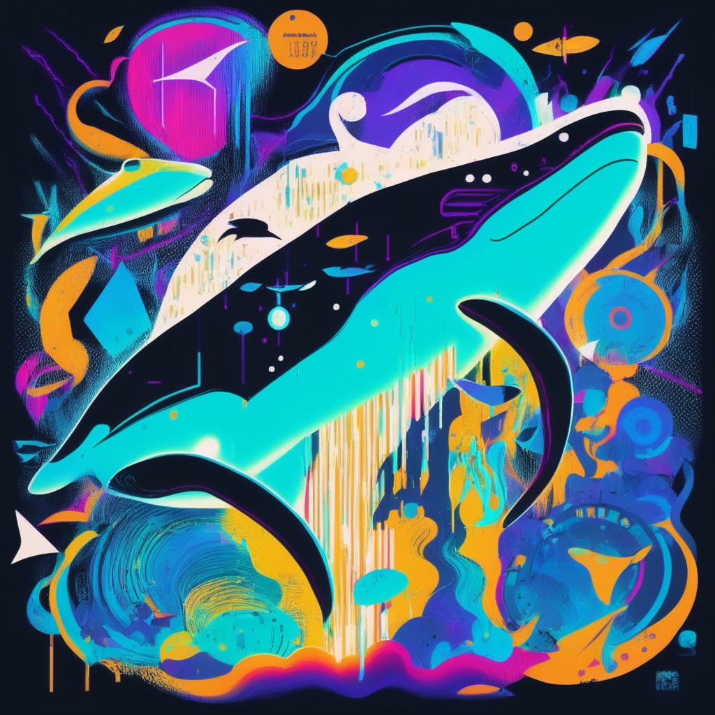 A vibrant, abstract representation of a meteoric rise in a diverse crypto universe. Detailed visual symbols of a dominating DEX token (GUISE), an impactful meme coin (WSM), and a mysterious whale figure in the fore, coated in luminescent hues of optimism and skepticism. Artistic style reminiscent of striking pop art with a hint of futuristic elements. Light falls from spotlights, highlighting the key players on an evolving crypto stage.