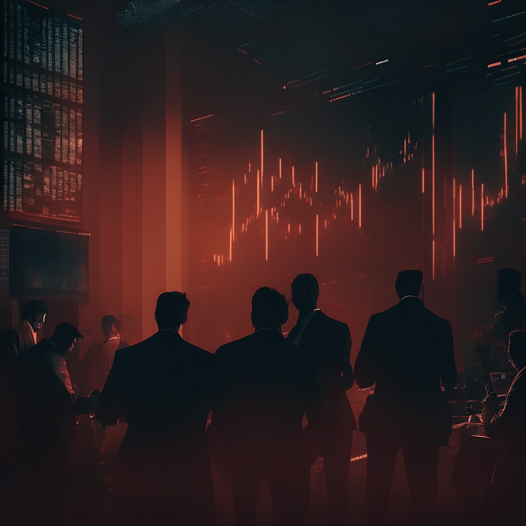 Dark Wall Street-esque trading floor scene under moody, dramatic lighting, featuring animated crypto traders strategizing amidst subtle graphs showing Bitcoin value fluctuations in the background. Generation of tension with artistic hues of crimson intertwined with muted greys, suggestive of forthcoming Bitcoin volatility explosion. No brands or logos.