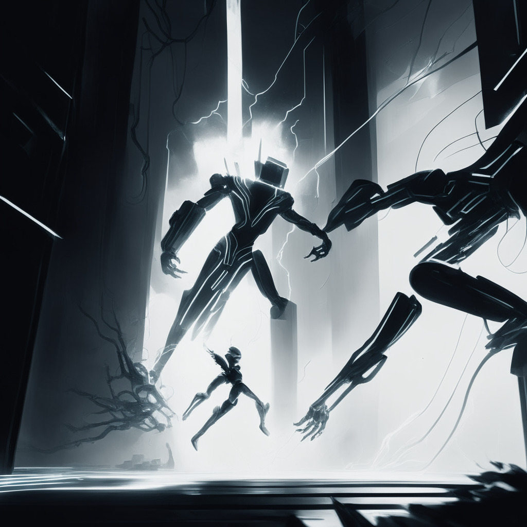A stylized, dramatic scene highlighting the race between technological realms. In futuristic noir hues, with sharp contrasts between light and shadow, illustrate an embodiment of AI symbolically defending against metaphorical masked entities for cryptocurrency protection. Capture urgency, risk, and the electric pulse of real-time responsiveness.