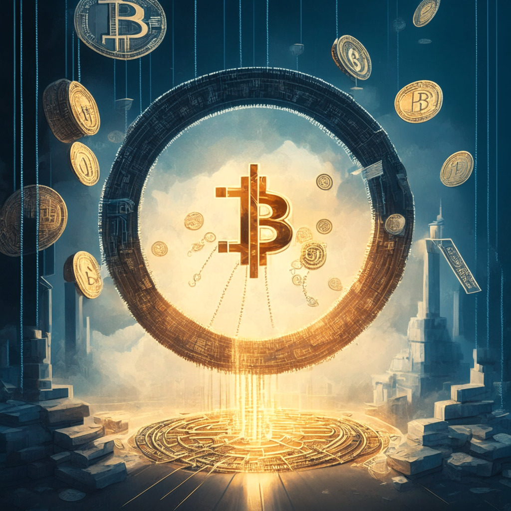 A digital finance renaissance with Bitcoin post spotlight approval, a symbolic financial lifeline elegantly strung across an overcast regulatory landscape. The scene showcases an influx of new capital inflow, sparking the stablecoin market, igniting a flywheel of momentum in an artistic conversion of traditional assets into an array of tokens. The lighting captures optimism with subtle hints of uncertainty.