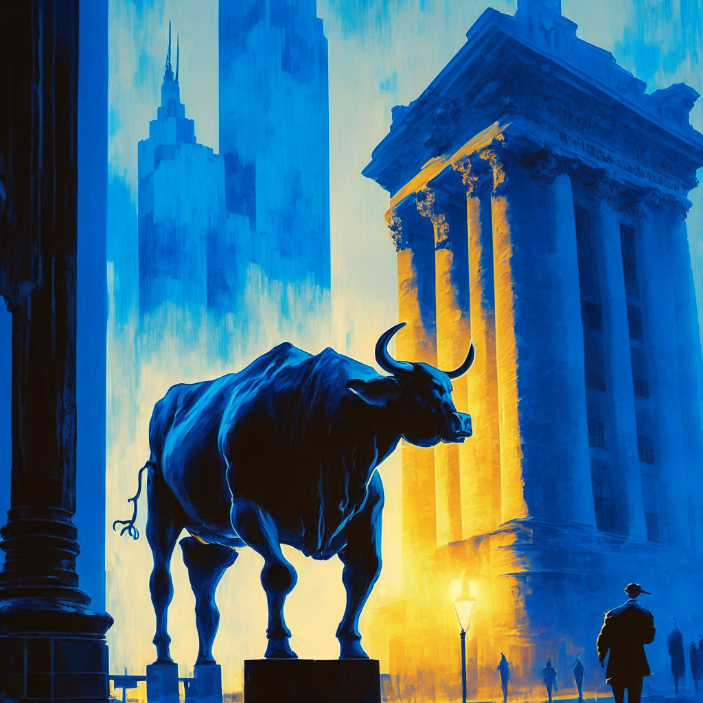 Dusk setting over Wall Street, neo-impressionistic style, a large Bitcoin coin replacing the iconic Charging Bull statue, bathed in warm yet dramatic side light. In the background, a maze to represent doubts, cast in contrasting cool blues. Mood of anticipation, with undertones of uncertainty.