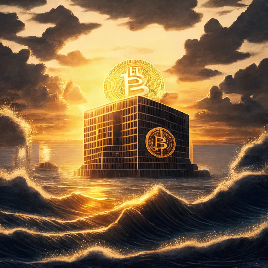 A symbolic SEC building overlooking a tumultuous ocean, reflecting apprehension and uncertainty. Underneath, a labyrinth of Bitcoin symbols, alluding to the complex crypto market, yet glowing invitingly, conveying allure and promise. The setting sun casts a golden hue, hinting at the advent of multi-spot Bitcoin ETFs, with multiple players in a race against time. The mood is tensed but hopeful, styled in a surrealistic art form.