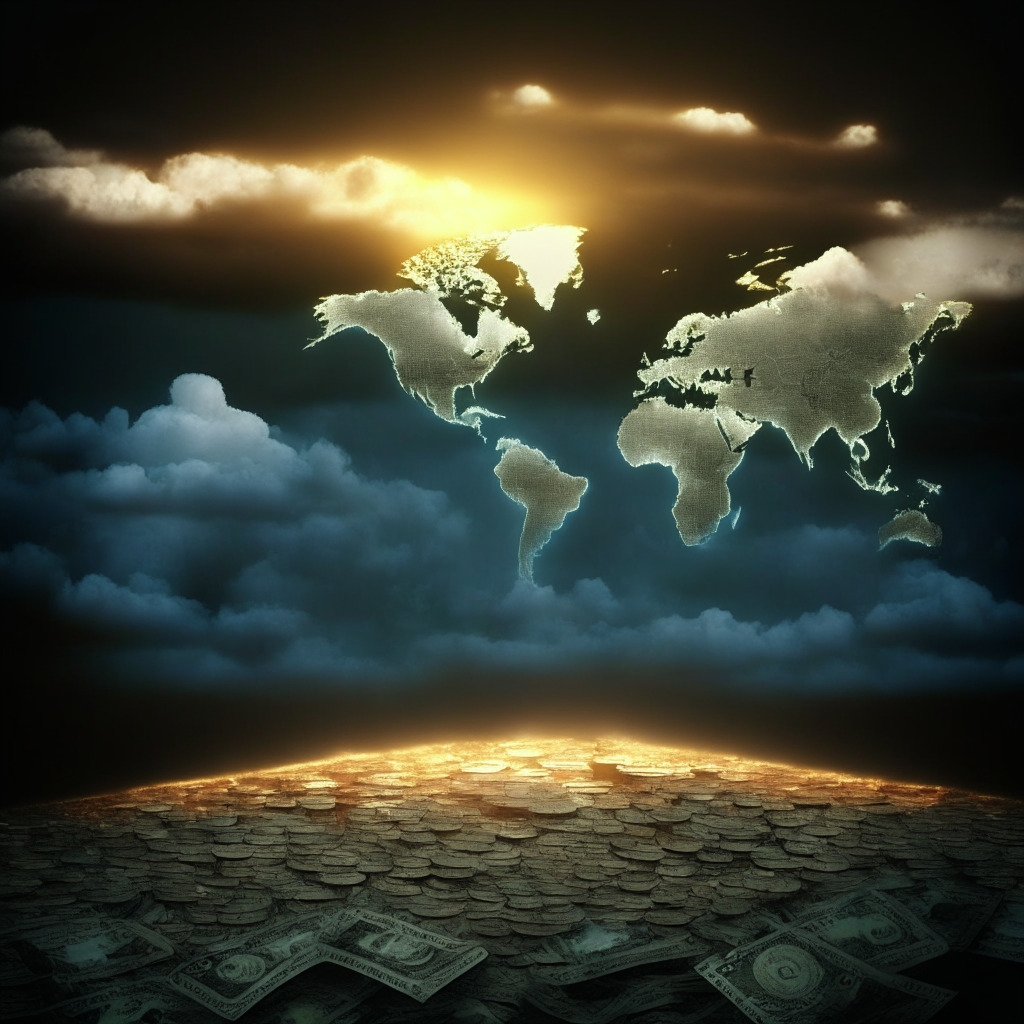Dystopian economic landscape, a dimly lit world map as background symbolizing geopolitical uncertainty, US dollar bills morphing into digital tokens, depiction of a cloudy sky to represent de-dollarization threats, strong beams of sunlight breaking through the clouds to illuminate 'Stablecoins', casting a confident shadow, a well-regulated and transparent road leading from the tokens towards emerging markets, cyberspace aesthetic for tech vibe.