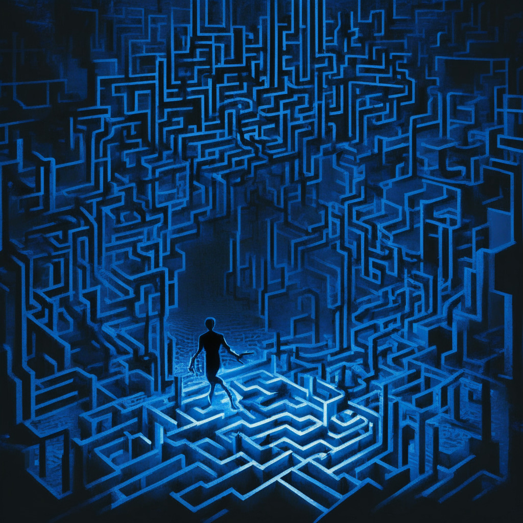 A symbolic, surrealist scene depicting a complex crypto maze in dark hues of blue and black, An abstract figure fumbles in darkness embodying the chaos of an account balance being wiped clean. Glowing lights represent a tech upgrade, while a portion of the maze fills up depicting regained financial control, Ambient light setting, high contrast, embodies frustration, confusion and eventual relief.