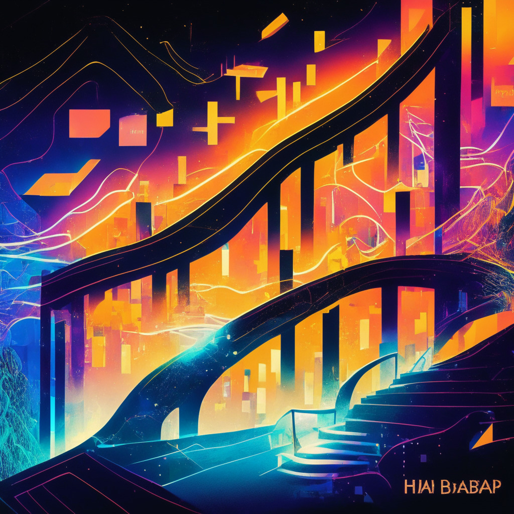 An abstract visualization of a dynamic crypto market landscape, with a glowing surge symbolizing HBAR's stellar progress. Capture FedNow's inclusion, perhaps as an ascending stairway or footbridge extending towards a brighter horizon. Infuse a sense of exhilaration and high-stakes tension, represented by swirling, bold colors. Depict a backdrop of decentralized network, symbolizing Hedera. Showcase a futuristic sunset mood for indicating the potential growth and risks, illuminated in soft, diffusing hues. Style ala Cubism.