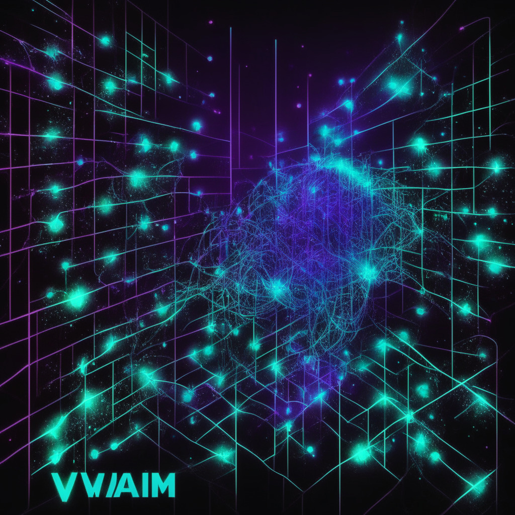 Vivid digital grid depicting abstract Stellar's transition from EVM to Wasm in Blockchain Technology, contrast between the old tech (EVM) and the new (Wasm), set against a dark backdrop for effect. The illumination comes from gleaming nodes, signaling change, evolution. Picture represents optimism, the potential of Wasm. Artistic style - futuristic, intricate cyberpunk theme.