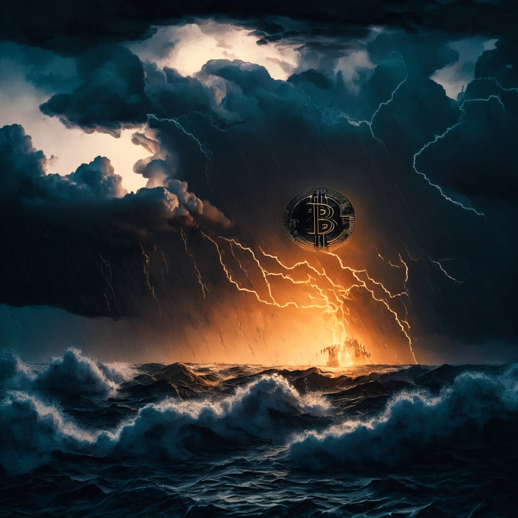 A turbulent scene representing the crypto market with an emphasis on blockchain and altcoins, highlights the rise and fall of values, set in a tumultuous, stormy sunset. The image carries a moody, ominous overtone with the persistent resilience hinting at potential growth. Bitcoin and Ether ascend amidst churning markets and looming clouds, bathed in encroaching twilight's moody light.
