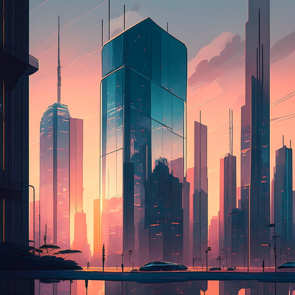 A bustling South Korean cityscape at dusk, pastel sunset hues reflecting in sleek glass towers, financial symbols subtly hinting at cryptocurrency around. Foreground features a protective glass shield, symbolizing enhanced security. Artistic Style: Neo-futurism. Mood: Ambivalence between authority and freedom, uncertainty tinged with hopeful solemnity.