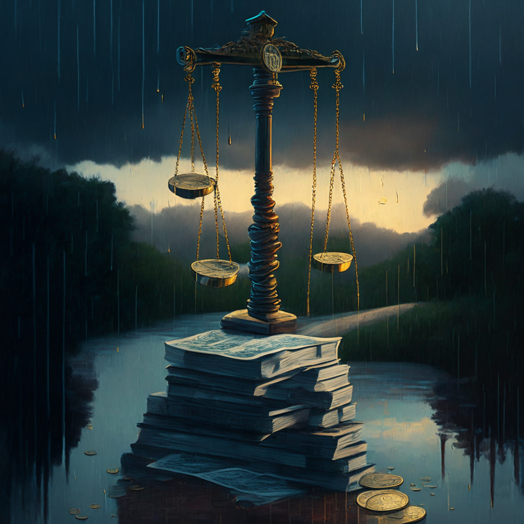 Dusk setting, detailed image, painting-style, focusing on a balance scale, one side weighted with coins symbolising cryptocurrency, the other filled with a stack of rigid legal documents. Mood depicts struggle on the bridge between innovation and regulation, artistic portrayal of rain represents the stern backlash.