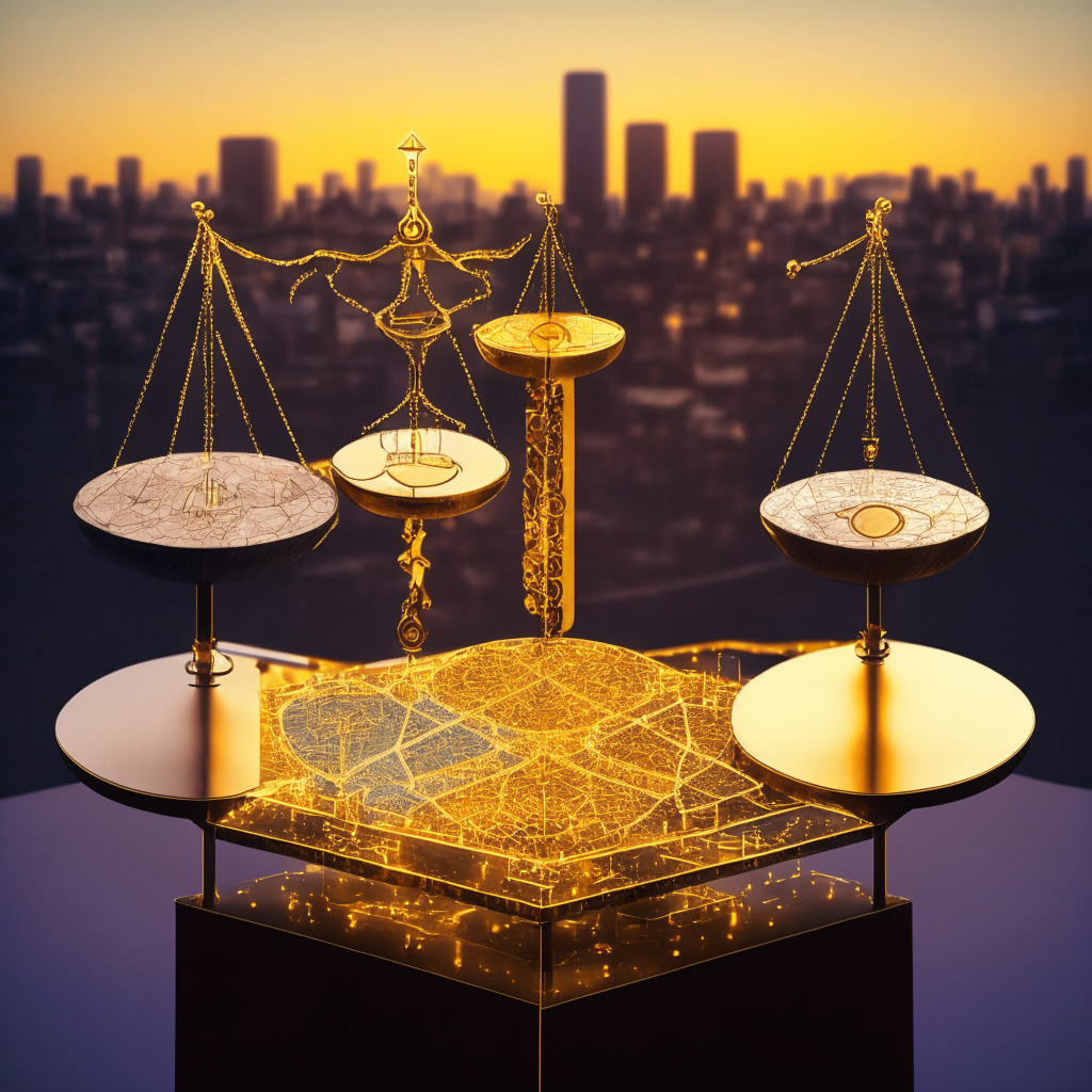 A trio of scales symbolizing Ethereum's delicate balance between centralization and decentralization on a table made of circuitry, bathed in a gold-auburn sunset light. The scales are perfectly balanced, suggesting a potential equilibrium state. One pan of the scale holds a densely populated city representing centralization, while the other holds an open, decentralized network of nodes or spirits. In the background, ethereal blue patterns representing code ascend into a velvety indigo sky, symbolizing the innovative and dynamic world of decentralized applications. Art Nouveau style, serene and contemplative mood.