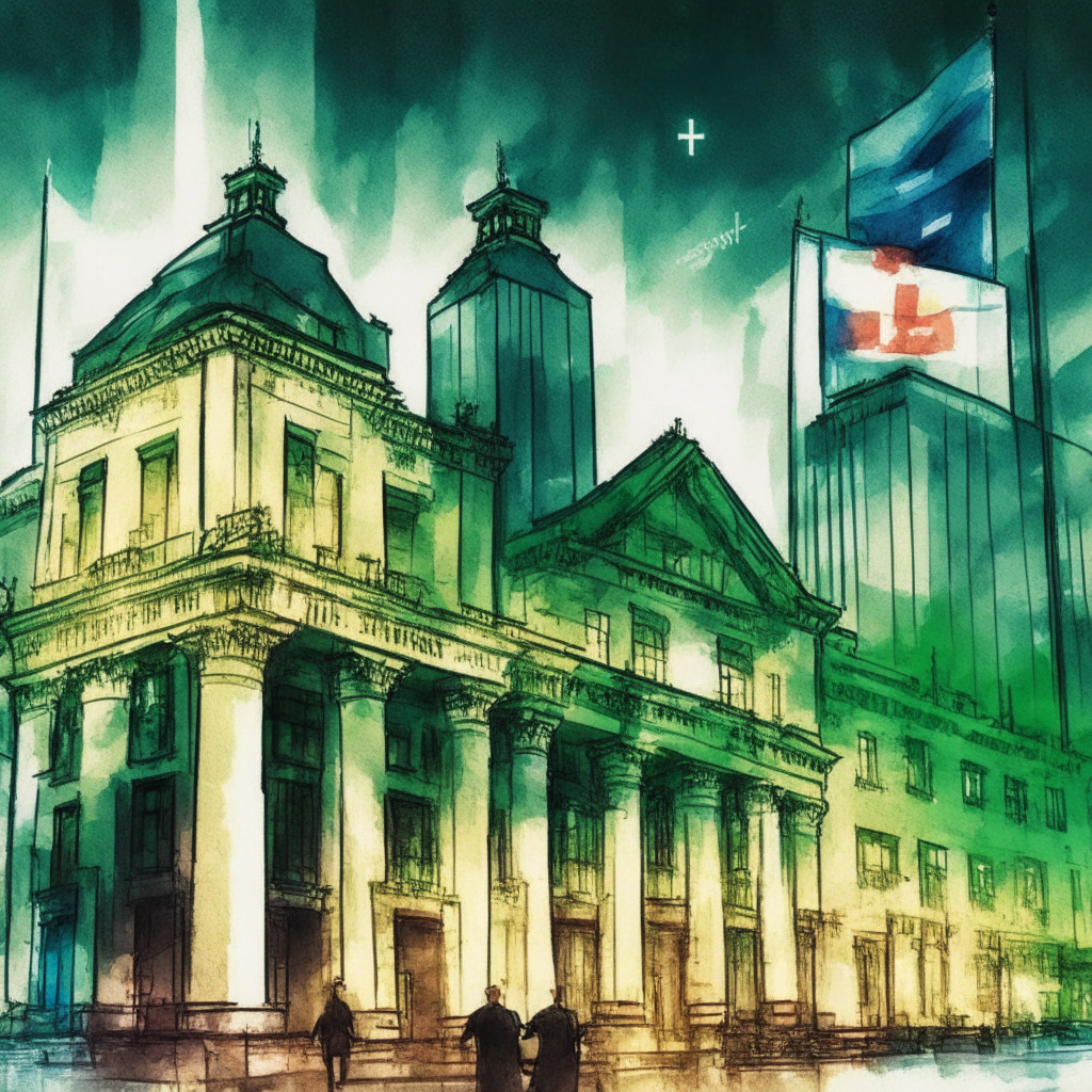 Twilight scene of a traditional stock exchange building and digital blockchain structure side by side in a cityscape. Highlights of green light on Bitcoin and Ethereum symbols fading; Binance token stays neutral. Sketchy, watercolor style indicates market instability, trepidation. Swiss and Australian flags subtly lit, indicating positive inflow.