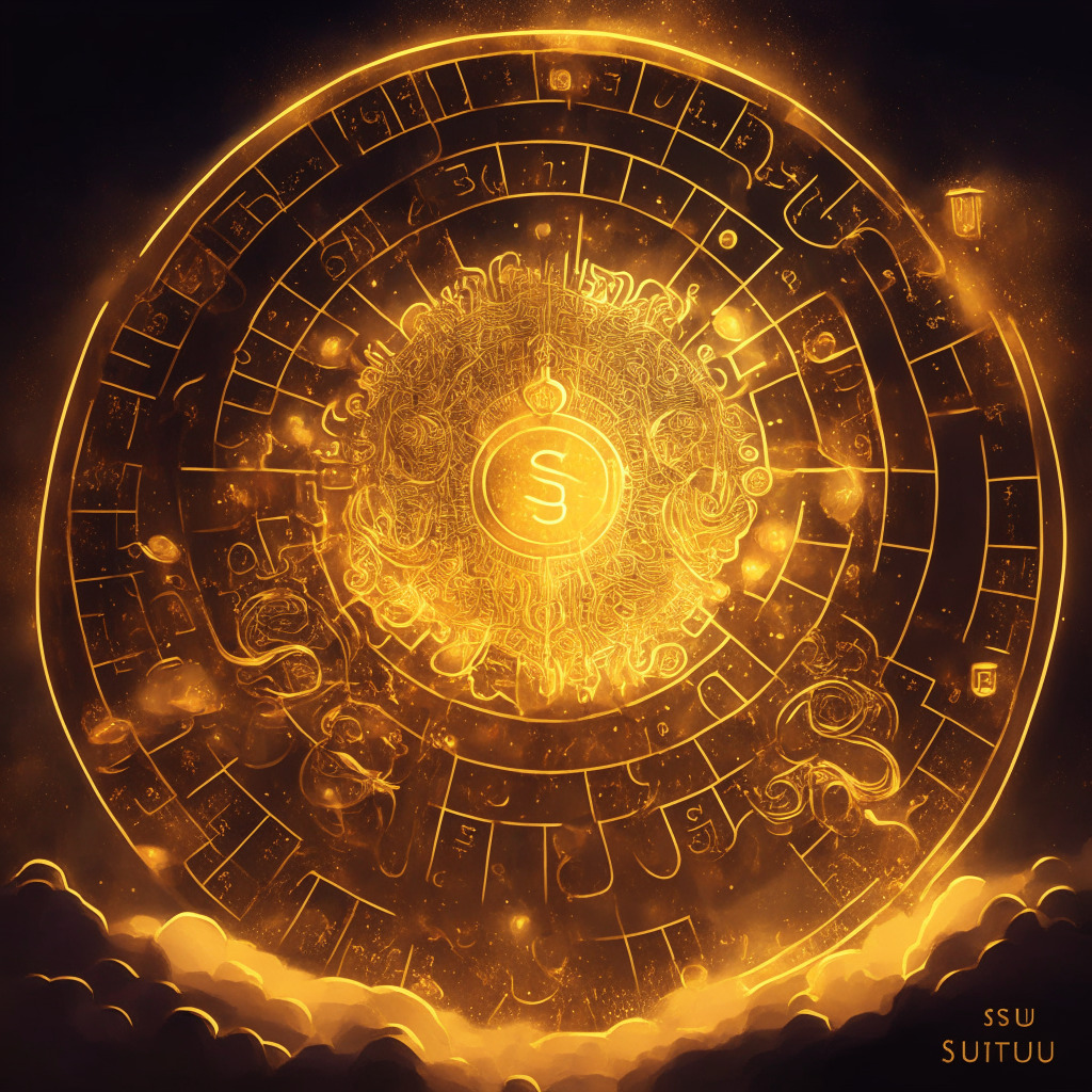 A digital painting portraying the bullish rise of Sui in the nocturnal-themed crypto space, the coin glowing with an enchanting golden hue, symbolizing its 6.5% boon in value. Below it, an intricate array of charts, fluctuating, mirroring the coin's recent performance. The image is underscored by a soft promise of dawn, echoing the anticipatory tone of Sui's potential comeback. Dallied in the background, a nebulous outline, depicts incoming growth and progressive partnerships.