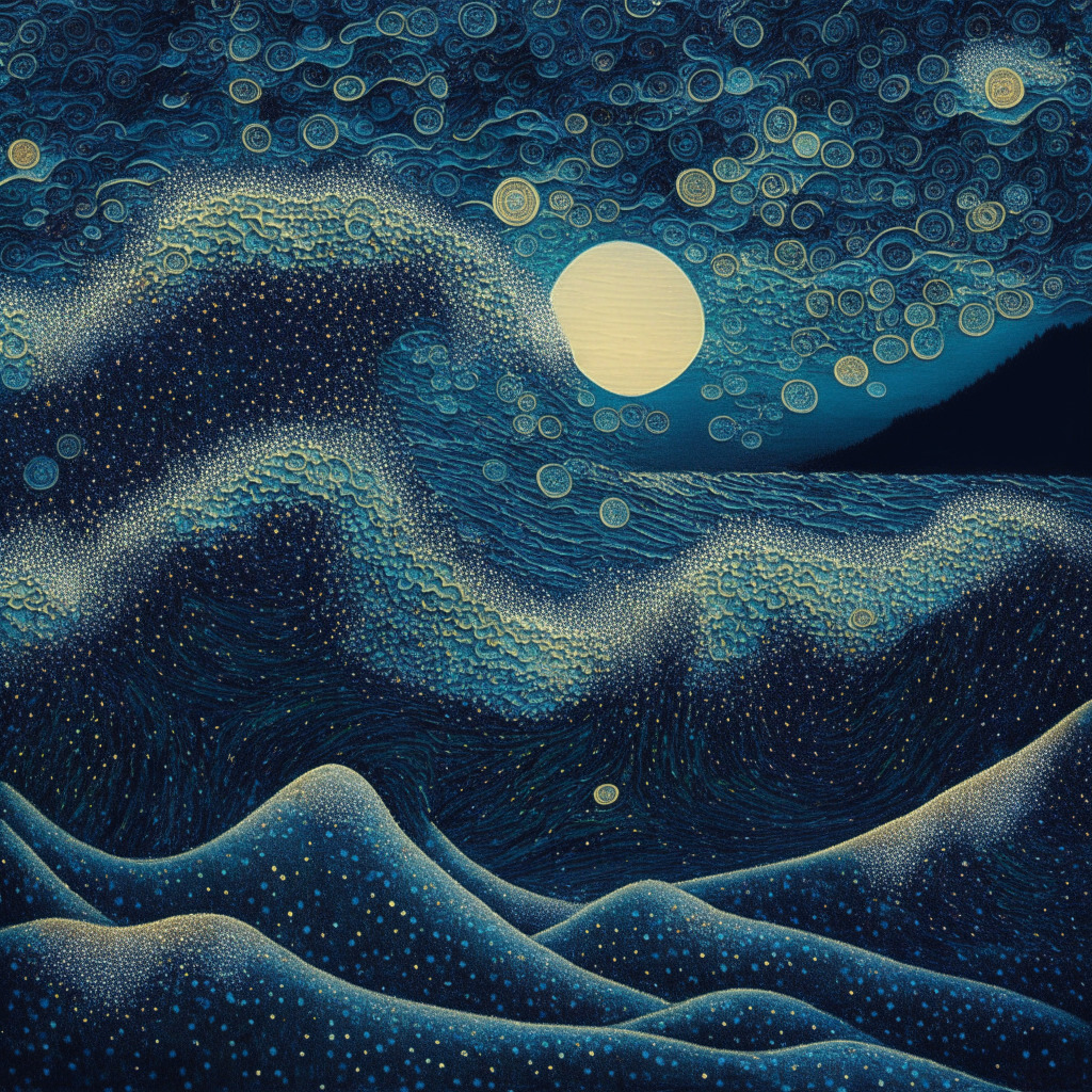 Surreal twilight landscape, dotted with translucent, holographic altcoins surfing on giant, undulating waves. The waves form a reminiscent pattern of a head-and-shoulders, underlining a shifting trend, in a style that echoes Van Gogh's Starry Night. A sense of anticipation, fraught with uncertainty, pervades the scene. Will the waves crest beyond a symbolic line, or recede into obscurity?