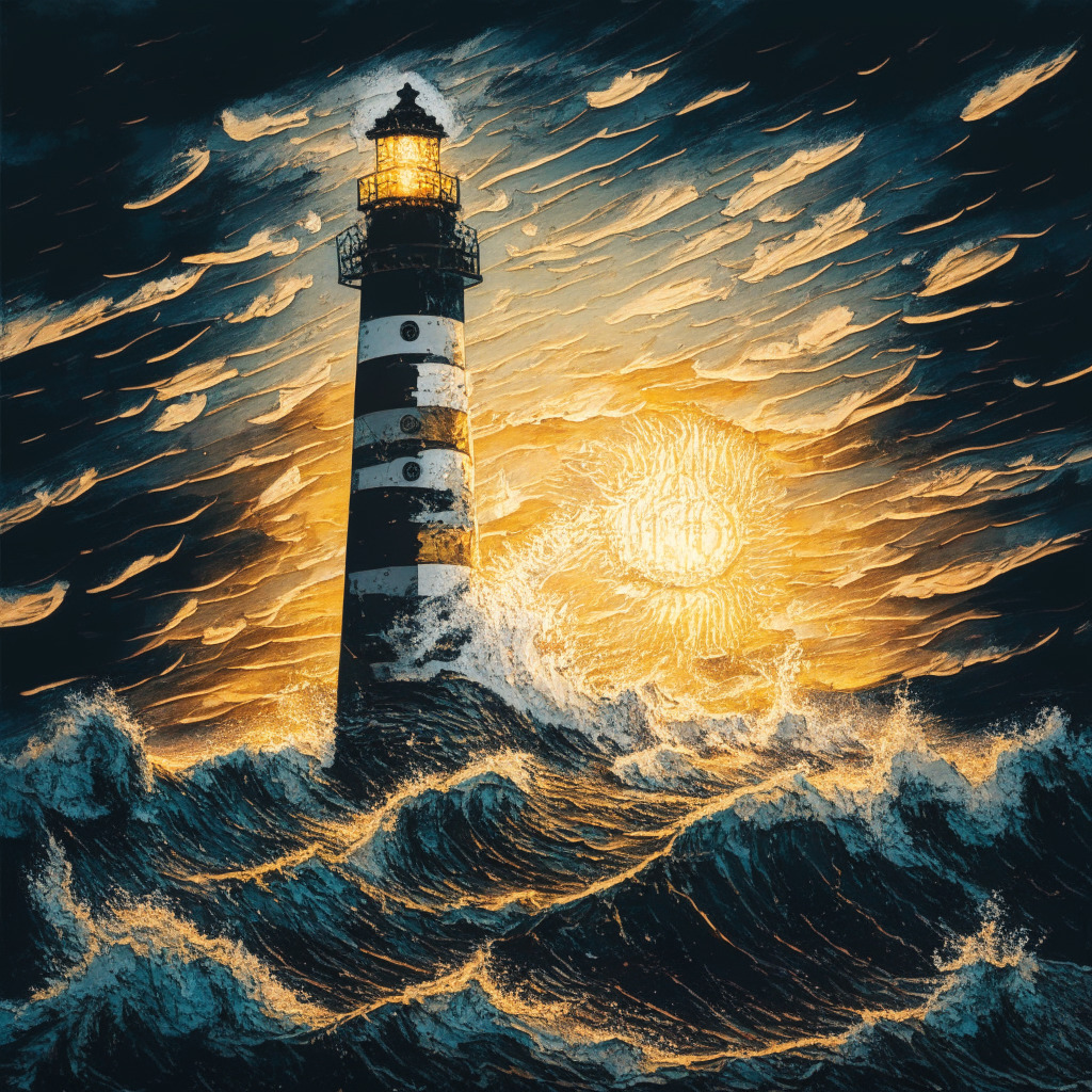 A vibrant, turbulent ocean under a stormy sky, illuminated by the golden hues of sunset. Waves symbolizing cryptocurrency market volatility aggressively crash against a sturdy lighthouse representing resilience and hope, bitcoins intricately etched into the lighthouse's tower. The lighthouse beam, symbolising Justin Sun's relief efforts, pierces the tumultuous atmosphere. Amid the storm, a ripple on the water symbolises the unaffected XRP. A tense, yet hopeful mood pervades this imaginative representation of the crypto market landscape.