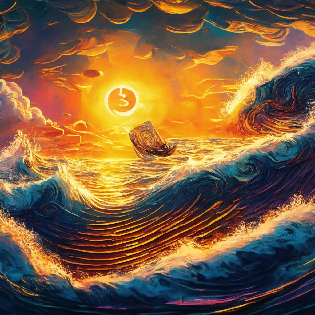 Dramatic sunset over a digital ocean, abstract waves in the form of crypto coins riding high, Rollbit coin shining in golden hues, Wall Street Memes token emerging on the horizon. The scene carries a cautious yet optimistic atmosphere, anticipation in the vibrant colors and the sense of motion, artistic style akin to impressionistic rendering.