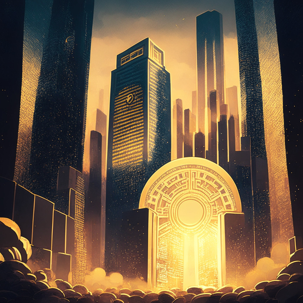 A dusk landscape of financial district with soaring skyscrapers representing Maple's blockchain marketplace. A large gate symbolizing the gateway that now opens to US investors, overlaid with digital gilding that sparkles. A cascade of USDC and USDT coins pouring into a grand, vintage treasury. Scene emits a warm, radiant light, highlighting the promise of high annual yield. Dominating the backdrop, a massive, digitalized T-bill rising into the twilight, overshadowing the DeFi yield. Its surface pulsates with kaleidoscopic tokens, encapsulating the thriving tokenized asset market. However, in the far distance, an ominous storm brews suggesting hidden risks and uncertainty.