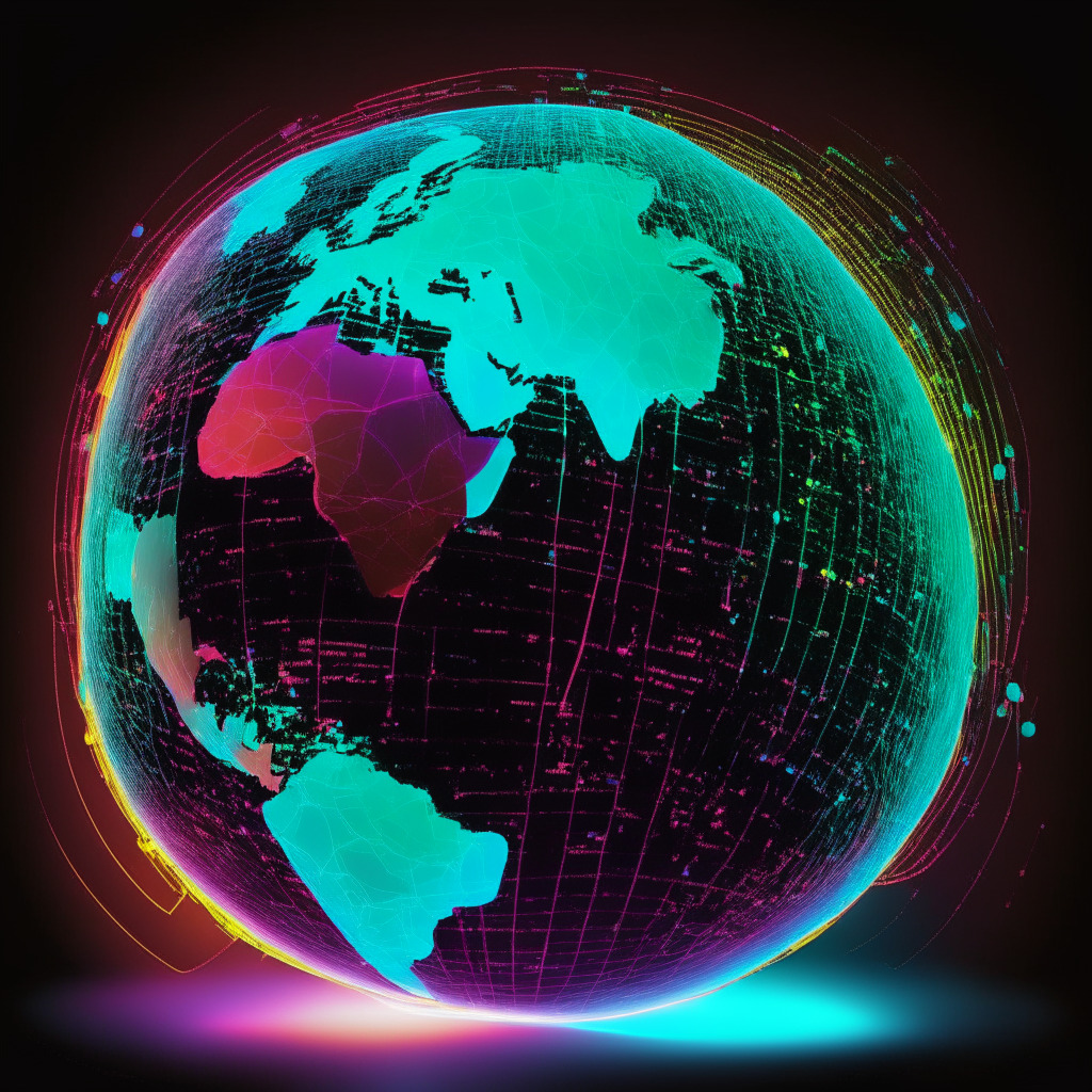 Futuristic globe, digitally spun and mapping worldwide territories of Latin America, Asia, and Africa. Illustration of USDC and USDT, visible in radiant neon against a dark background, cirrimrus clouds lightly cloaking the continents. Hint of a downward graph denotes shrinking USDC supply, contrasted by increasing vibrant strokes symbolizing adoption. Artistic style: blend of modern graphic novel and Cyberpunk aesthetics. Mood: intriguing, revolutionary.