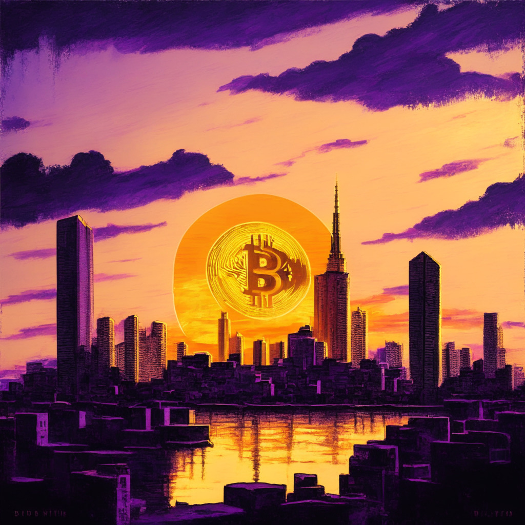 A metaphorical portrayal of an Argentine cityscape at sunset, painted in the style of impressionism. A glowing Bitcoin icon, representing growth and prosperity, rises over the city, reflecting the recent fiscal surge. The sky colors transition from warm golds at the horizon to somber purples, signifying the contrasting global downturn. A hopeful yet cautious mood permeates, reflecting public sentiment.