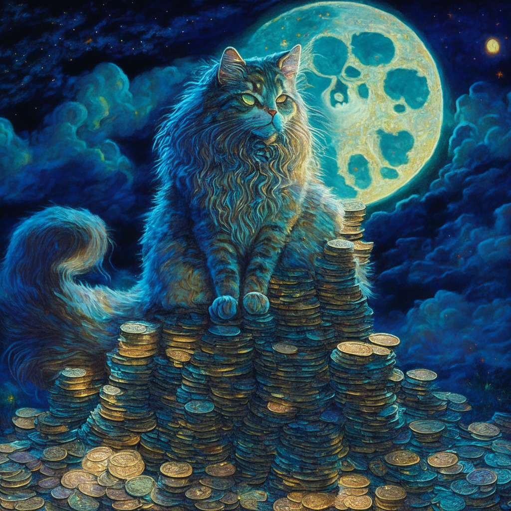 A night scene witnessed under the ethereal glow of a full moon. A maine coon cat named 'Toshi' perched on stacks of vibrant, digital coins amid whimsical 'Alice in Wonderland' stylized universe. The moonlight illuminates the shimmering tokens, creating a mystic, surreal aura. Tension and volatility depicted in unsettled, swirling Van Gogh-style skies.