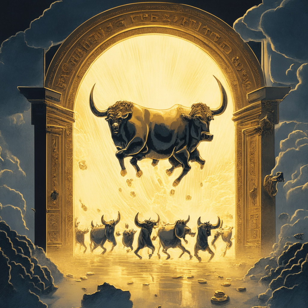 Dramatic scene of Bitcoin bulls charging through a glowing golden portal, referencing impending market opportunities. Light hints of $26,000 embossed on bulls, with looming dark clouds representing economic worries. Populate the scene in an expressionist art style, swathed in a somber, cautious mood. Envision growth in the form of robust, towering dollar monuments, juxtaposing the Bitcoin landscape. Mention of Cardano taking centre stage with hints of revolution and dominance. Lastly, hint towards Bitcoin's resilience by visualising a sturdy structure amidst chaos.