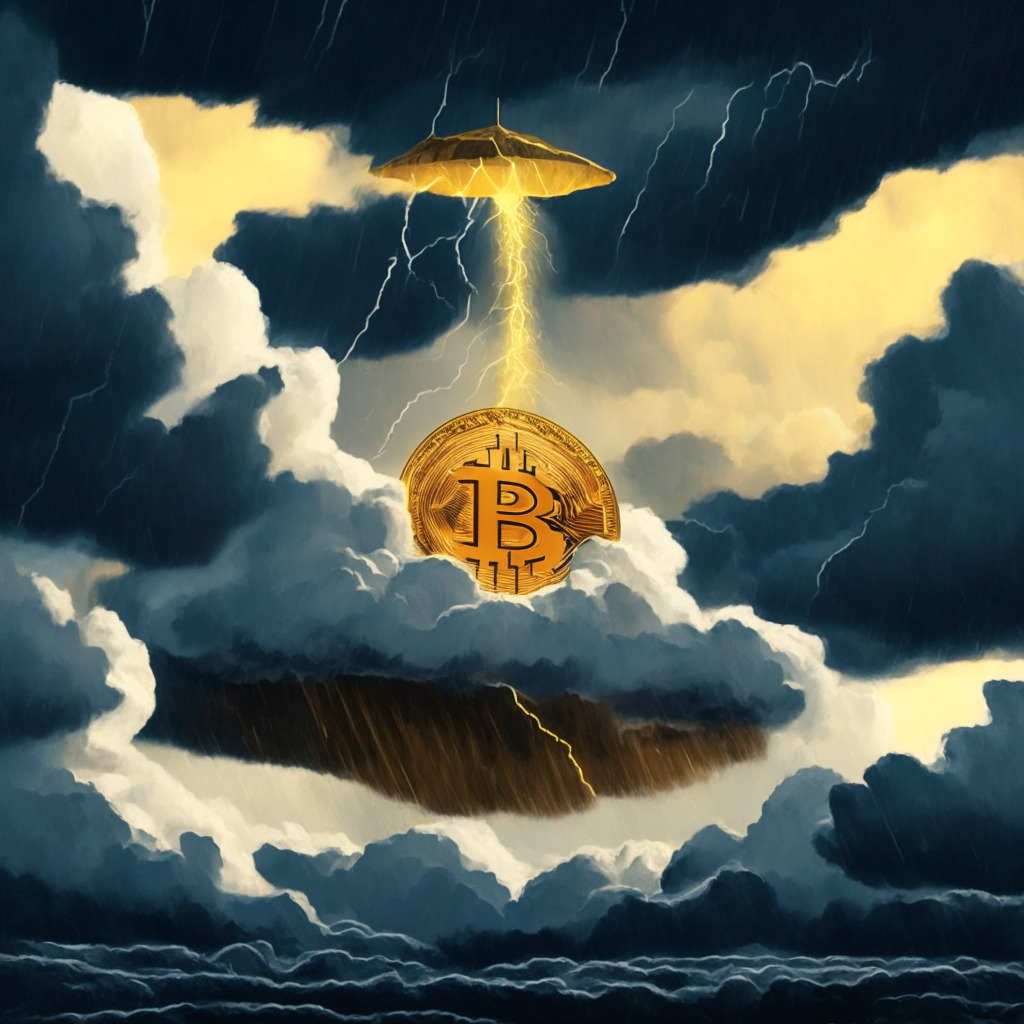 A volatile bitcoin market under a stormy grey sky, a coin hovering precariously at a peak, signifying the $30,000 threshold. Bright and ominous clouds symbolize optimism and caution respectively, reflecting investor sentiment. In the background, an abstract representation of El Salvador signifies a beacon of hope, illuminated in a warm, welcoming golden glow.