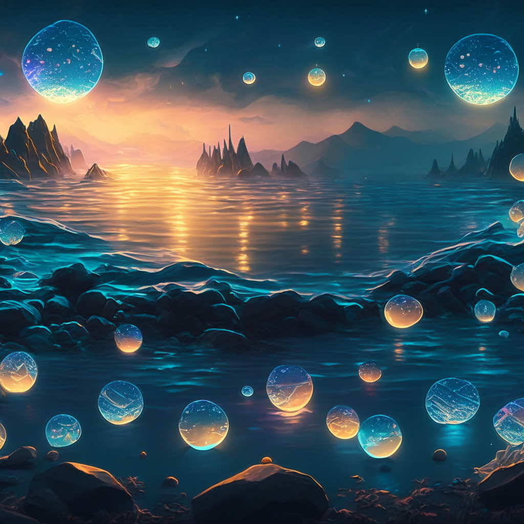 A digital landscape illuminating diverse markets, spotlighting Cryptocurrency and Oil, in a calming twilight setting. Bitcoins and Ethereums are less volatile, depicted as steady glowing orbs, oil as a turbulent sea. The mood is serene, symbolizing stability despite historical volatility.