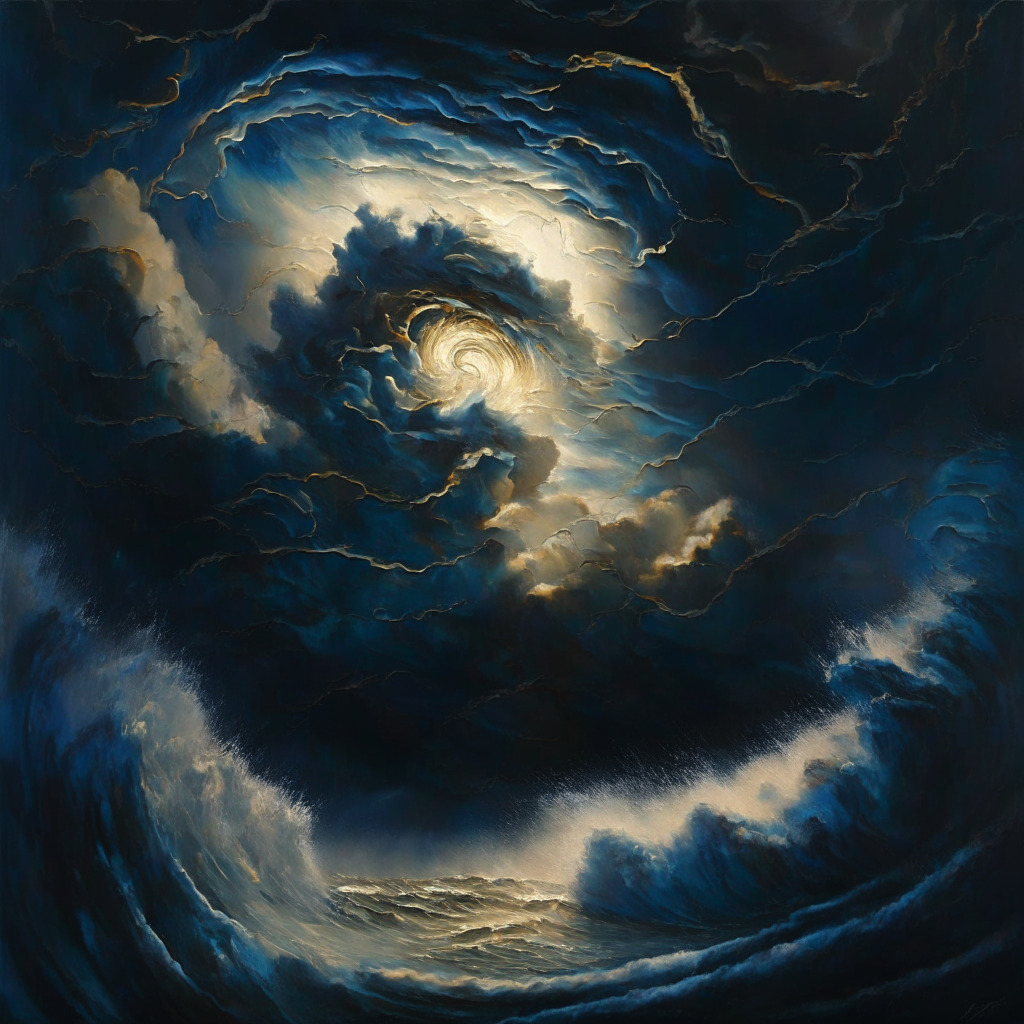 A swirling cyclone of oil, Bitcoin and Ethereum amidst a turbulent ocean beneath a stormy sky, palette mixing deep blues and rich browns in a blend of chiaroscuro. The mood is anticipation tinged with uncertainty, with streaks of golden light breaking through clouds to symbolize potential new highs.