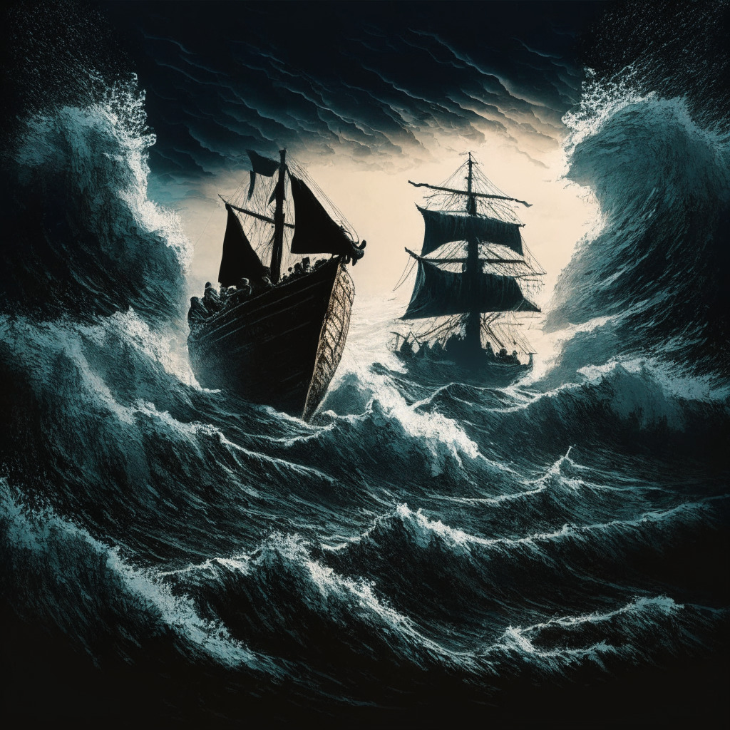A turbulent ocean symbolizing the crypto market, with bitcoin and ethereum prominently featured as resilient vessels navigating through waves. In the stormy backdrop, a silhouette of a man, representing Yoni Assia, steadying the boats. Apply chiaroscuro light settings for contrast, Rembrandtian style to accentuate the dramatic scene. The mood of the image should be a blend of tension, resistance and optimism.