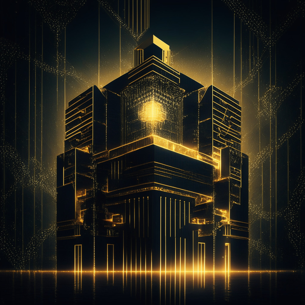 A grand financial building positioned at the heart of a complex network represented as multiple blockchain networks, a single, golden key (Swift) opens to all networks, reflecting blockchain integration. Tech-noir style, low light setting, expresses caution in innovation, conveying an imminent yet complex transformative shift in finance.