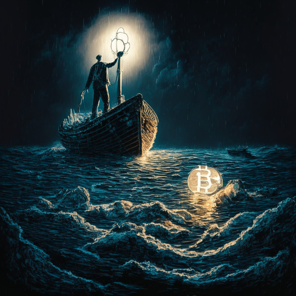 An investor standing on the bow of a sinking ship made of crumbled stocks and bonds, in his hand a glowing Bitcoin, all bathed in ethereal moonlight. The water's darkness symbolizing traditional financial systems, closing in menacingly. In the distance, a lifeboat glowing and vibrant from the same light emitted by the Bitcoin offers hope, signifying the rise of crypto, vibrant and safe from the waves. A sepia tone suggests nostalgia for old financial orders, contrasting against stark, apprehensive mood.